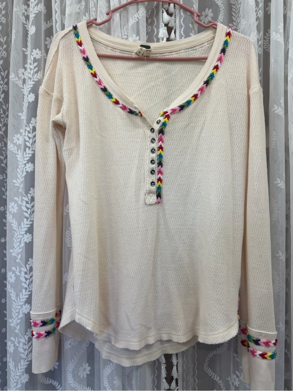 Free People Cream Long-Sleeve Henley Top with Multicolor Trim